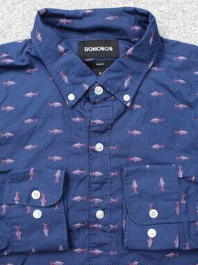 Bonobos AOP Shirt Mens Medium Blue Slim Fit Fish All Over Print Long Sleeve